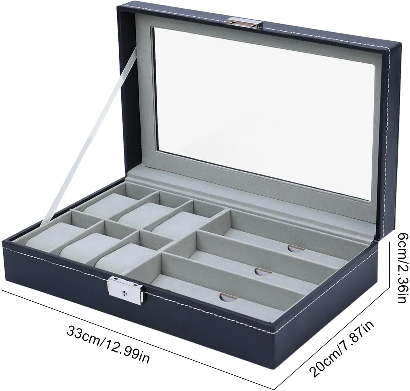 Wooden Watch Box, Leather Watch Display, Clear Top Watch Boxes, Watches Display Case 12.99 x 7.87 x 2.36 for 6 Watches 3