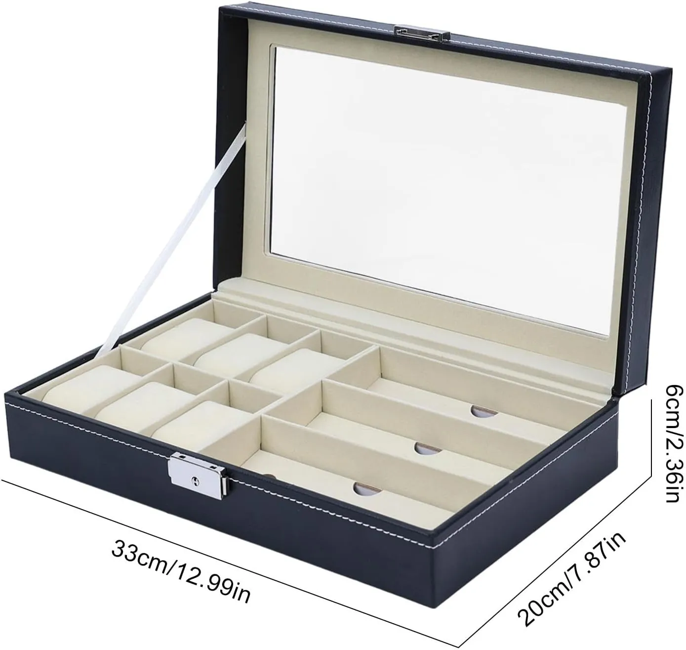 Wooden Watch Box, Leather Watch Display, Clear Top Watch Boxes, Watches Display Case 12.99 x 7.87 x 2.36 for 6 Watches 3