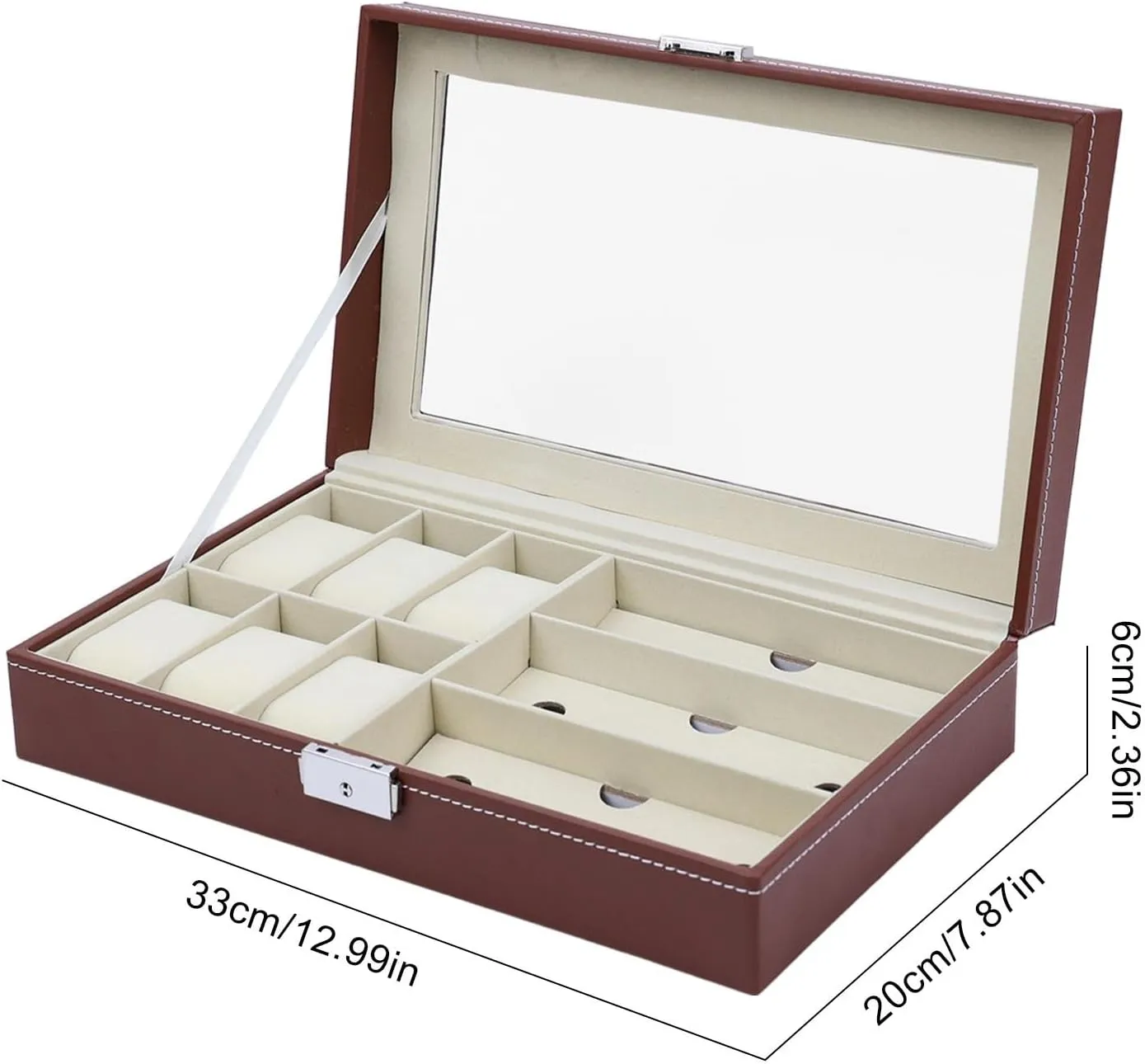 Wooden Watch Box, Leather Watch Display, Clear Top Watch Boxes, Watches Display Case 12.99 x 7.87 x 2.36 for 6 Watches 3