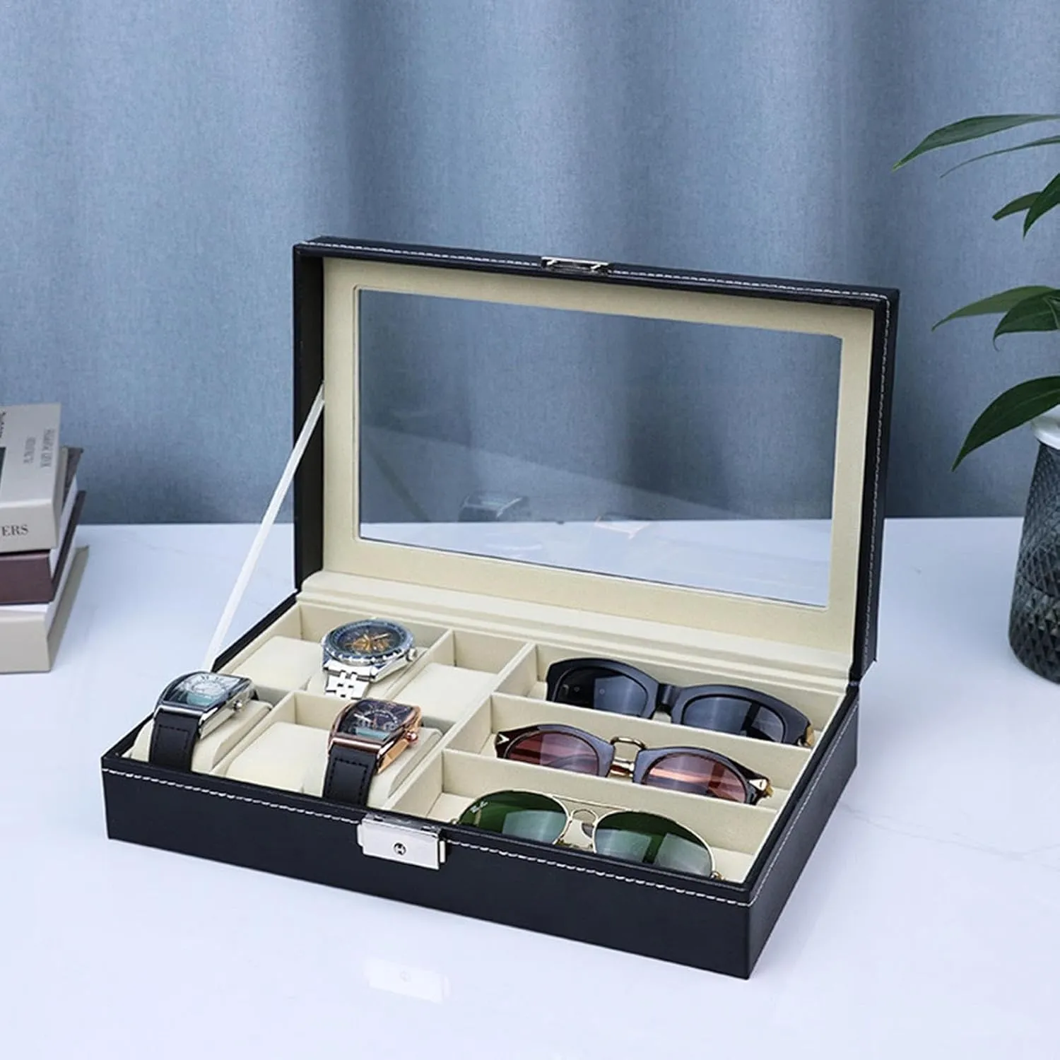 Wooden Watch Box, Leather Watch Display, Clear Top Watch Boxes, Watches Display Case 12.99 x 7.87 x 2.36 for 6 Watches 3