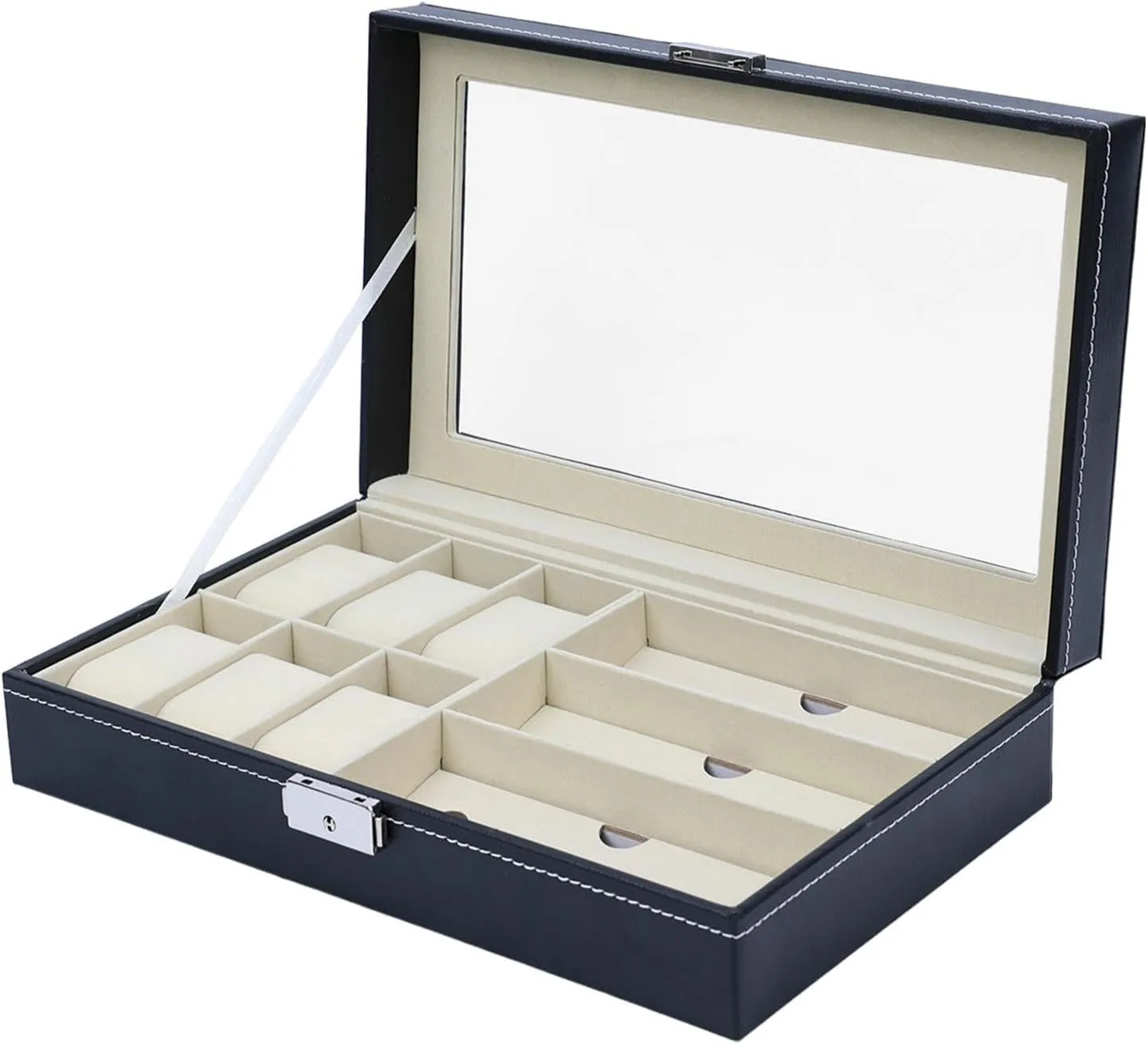 Wooden Watch Box, Leather Watch Display, Clear Top Watch Boxes, Watches Display Case 12.99 x 7.87 x 2.36 for 6 Watches 3