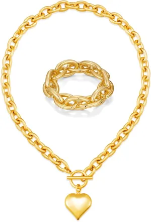 WOWORAMA Chunky Gold Chain Bracelet and Heart Necklace Set for Women