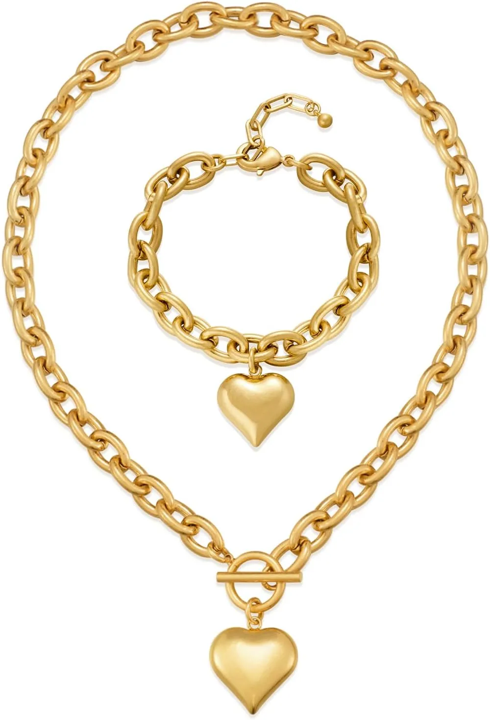 WOWORAMA Matte Gold Heart Necklace and Puffy Heart Bracelet Set for Women