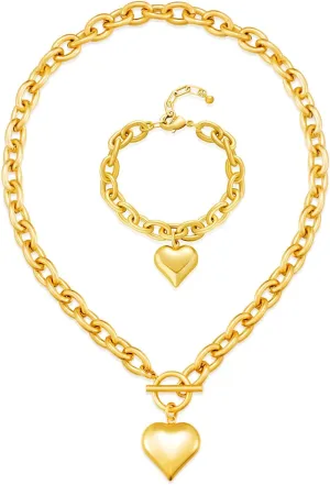 WOWORAMA Polished Gold Heart Bracelet and Puffy Heart Necklace Set for Women