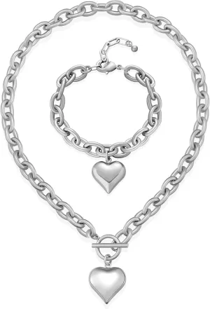 WOWORAMA Polished Silver Heart Bracelet and Puffy Heart Necklace Set for Women