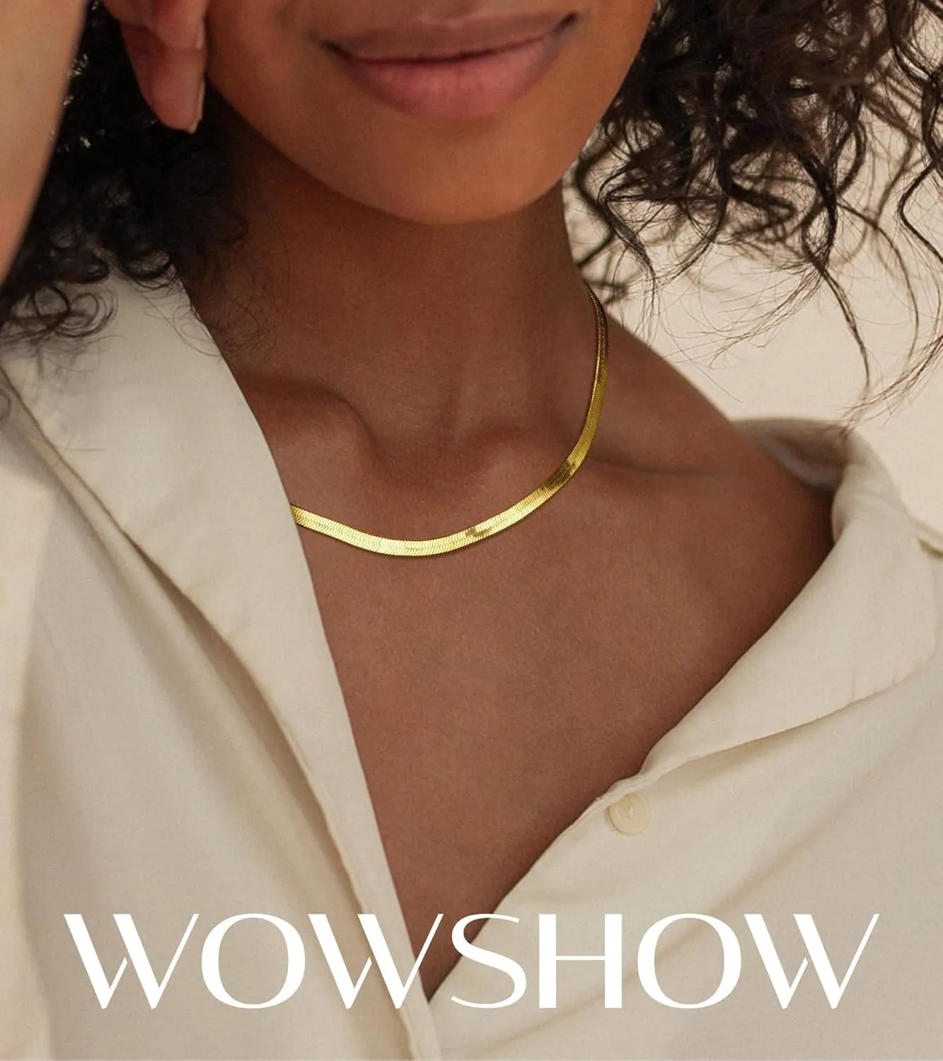 Wowshow Real Gold Plated Italian Snake Chain Necklace Flat Herringbone Choker Dainty Necklace Bracelet Set for Women 16-18-20 Inch