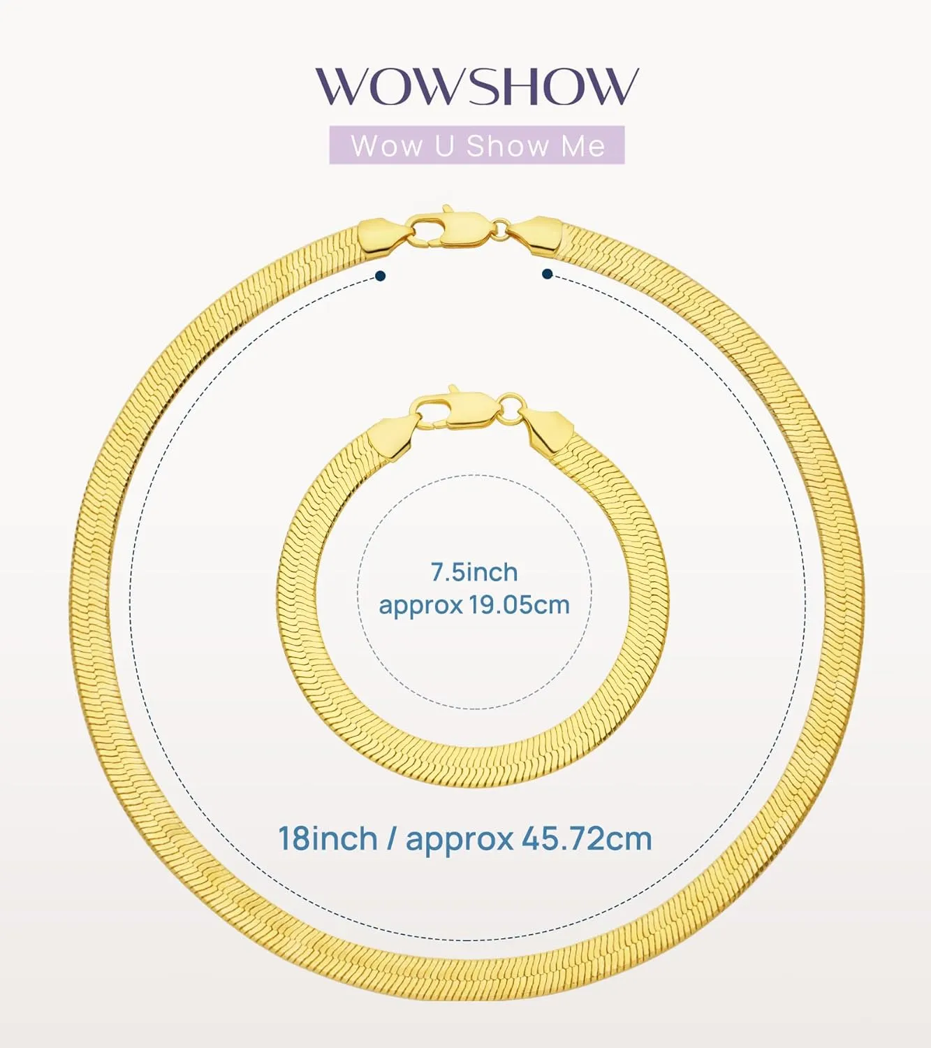 Wowshow Real Gold Plated Italian Snake Chain Necklace Flat Herringbone Choker Dainty Necklace Bracelet Set for Women 16-18-20 Inch