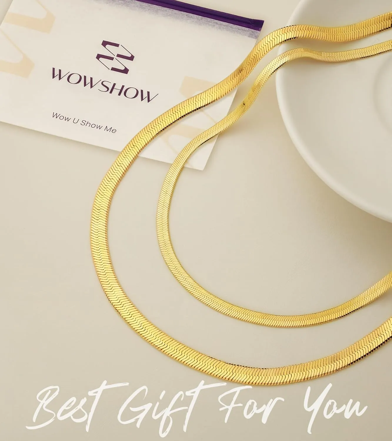 Wowshow Real Gold Plated Italian Snake Chain Necklace Flat Herringbone Choker Dainty Necklace Bracelet Set for Women 16-18-20 Inch