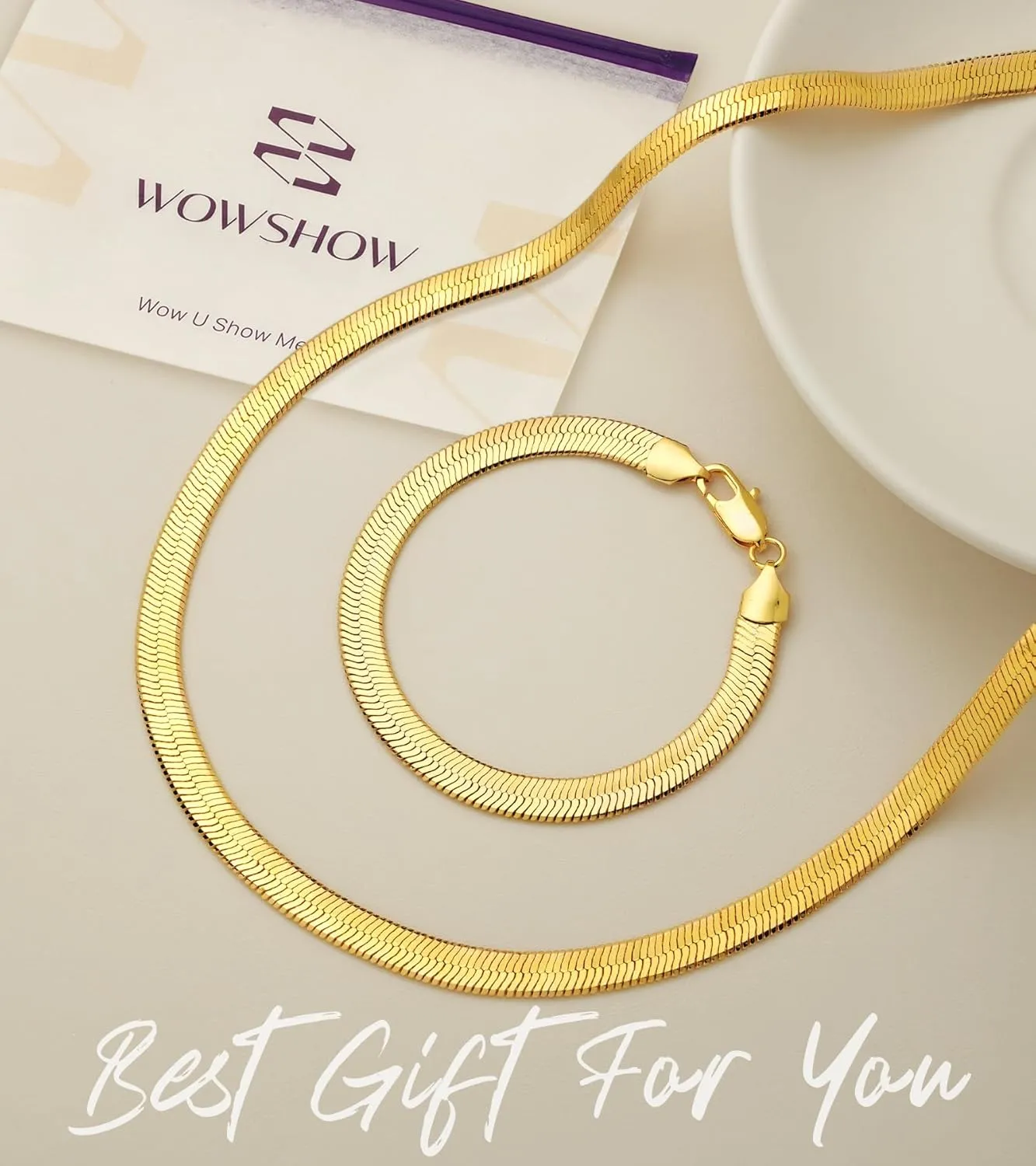 Wowshow Real Gold Plated Italian Snake Chain Necklace Flat Herringbone Choker Dainty Necklace Bracelet Set for Women 16-18-20 Inch