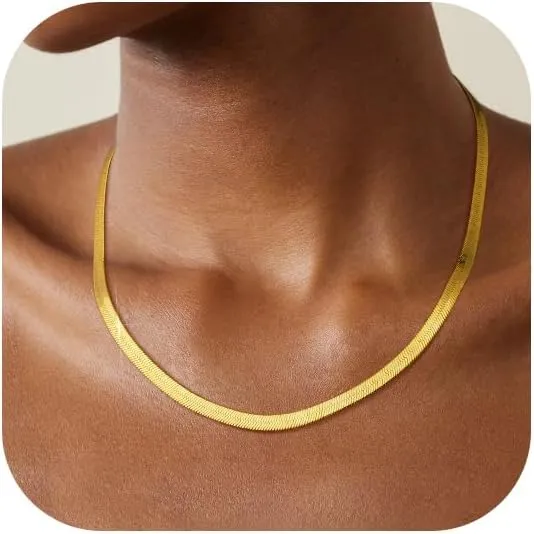 Wowshow Real Gold Plated Italian Snake Chain Necklace Flat Herringbone Choker Dainty Necklace Bracelet Set for Women 16-18-20 Inch