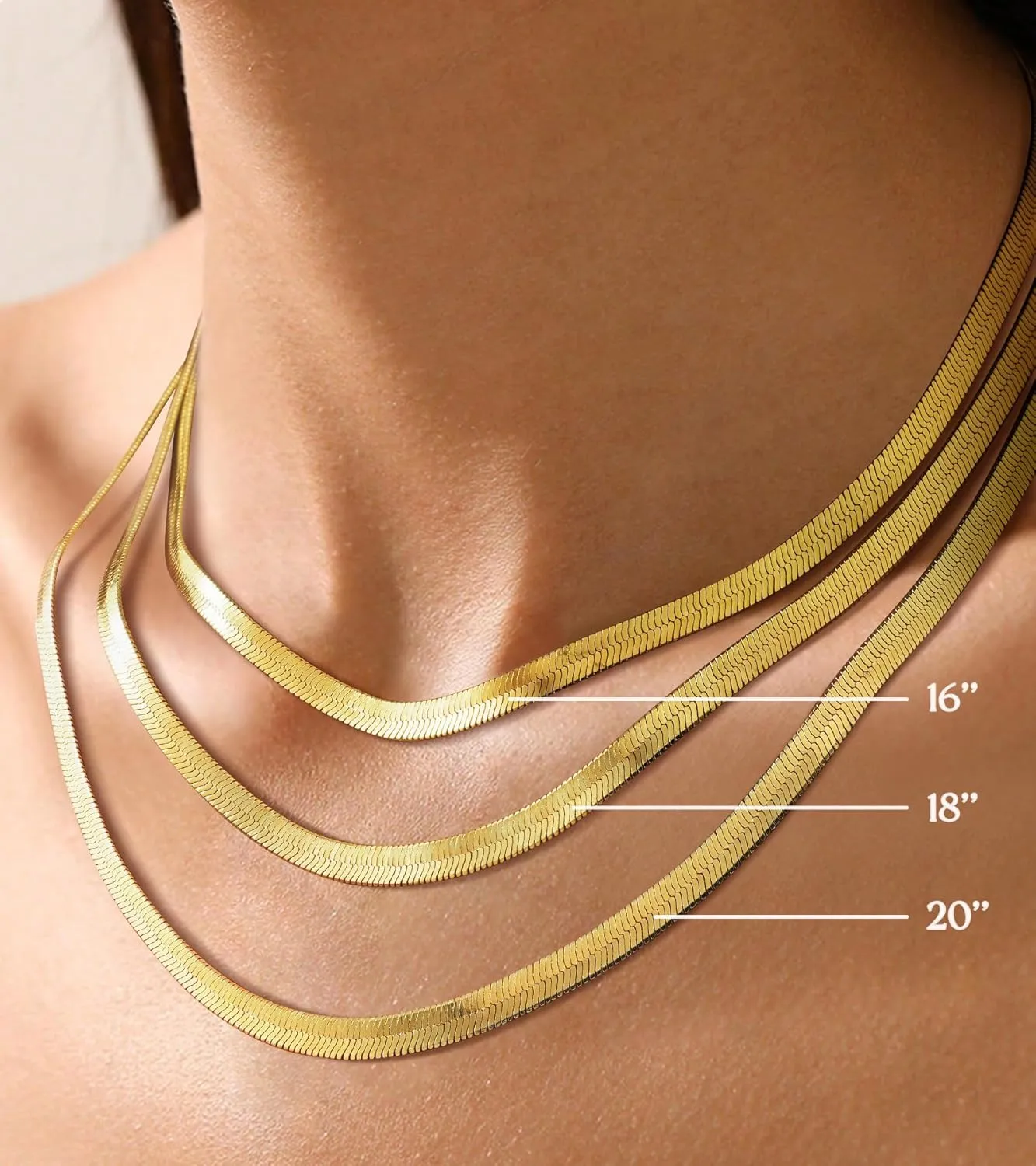 Wowshow Real Gold Plated Italian Snake Chain Necklace Flat Herringbone Choker Dainty Necklace Bracelet Set for Women 16-18-20 Inch
