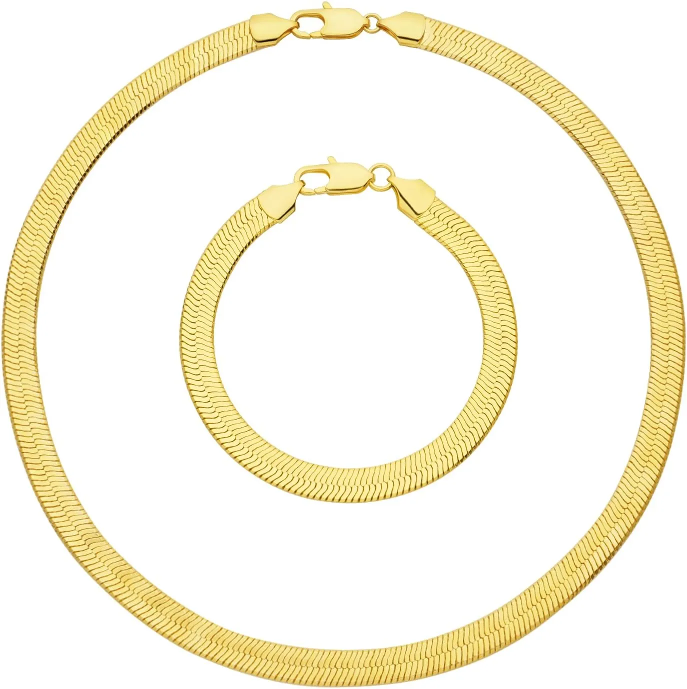 Wowshow Real Gold Plated Italian Snake Chain Necklace Flat Herringbone Choker Dainty Necklace Bracelet Set for Women 16-18-20 Inch