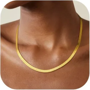 Wowshow Real Gold Plated Italian Snake Chain Necklace Flat Herringbone Choker Dainty Necklace Bracelet Set for Women 16-18-20 Inch