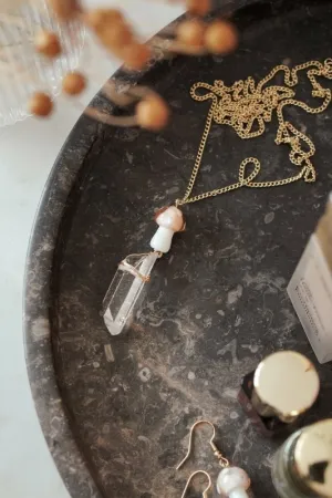 Xander Kostroma Gold Tone Peach Mushroom & Raw Quartz Pendant Necklace – Handmade Crystal Healing Necklace, 14ct Gold Plated, Unique Peach Mushroom Pendant, Raw Quartz, Boho Jewelry for Women, Gift-Ready