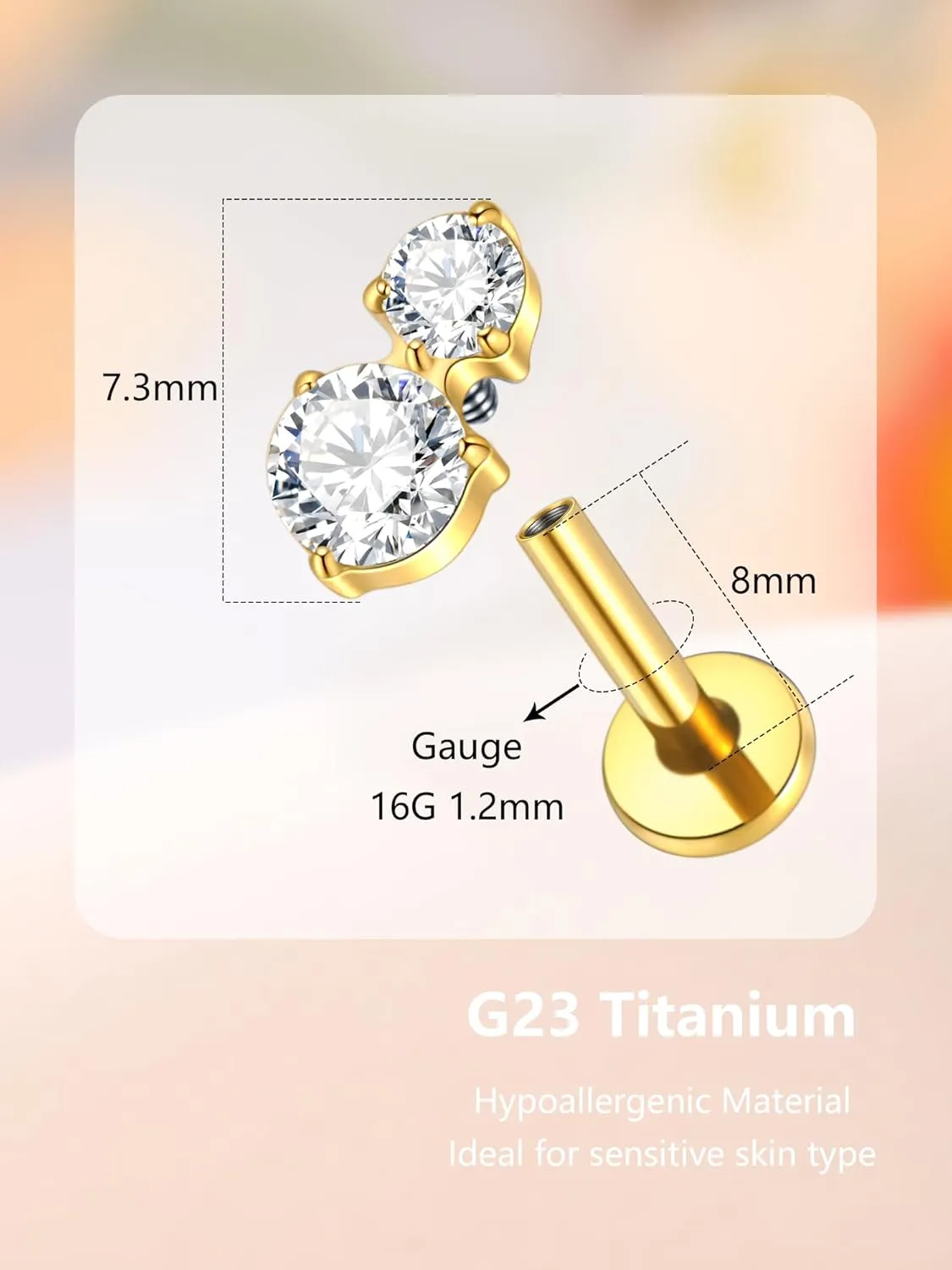 Xpircn G23 Titanium Flat Back Stud Earrings 16G 8mm Cartilage Tragus Conch Helix Piercing Jewelry 1 Pair, Silver/Gold