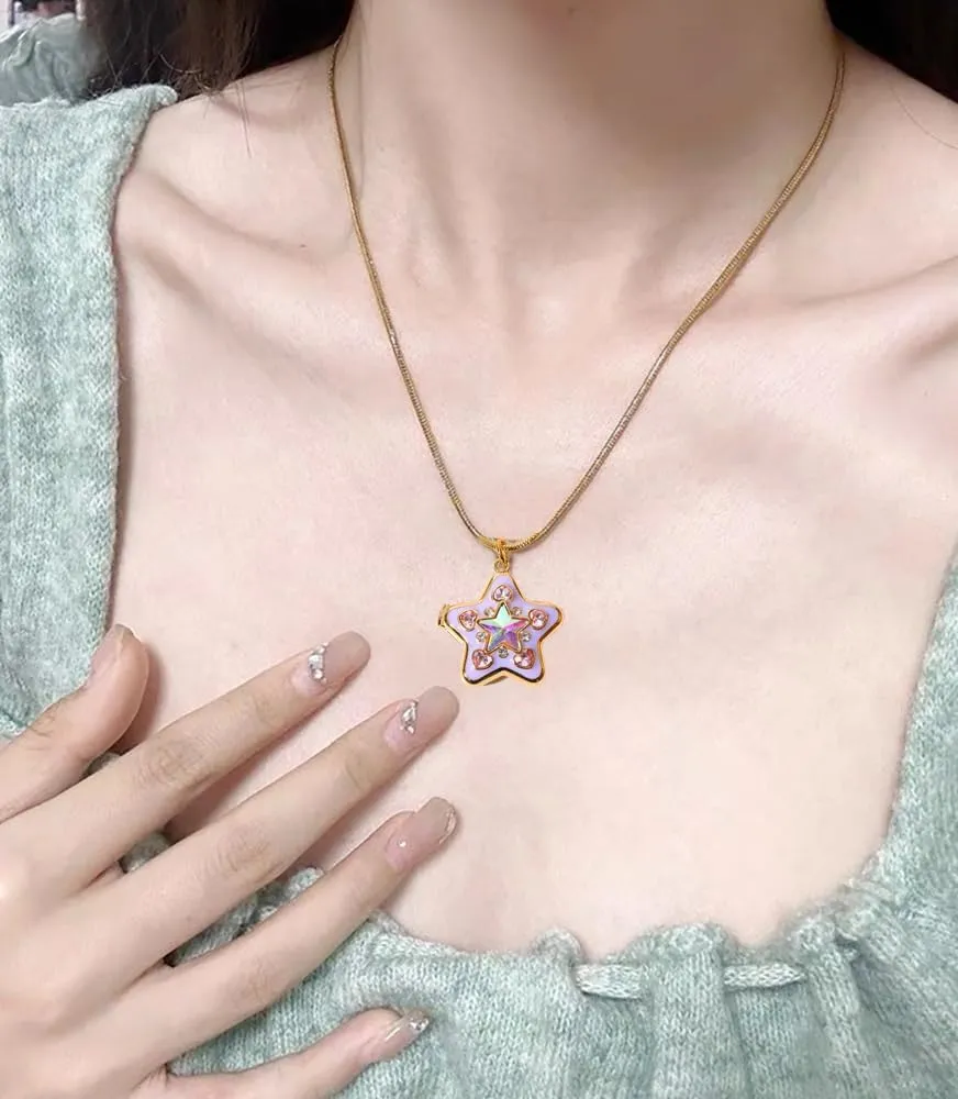 Y2k Rhinestone Star Pendant Photo Locket Necklace for Women Dainty Heart Crystal Charm Sparkly Statement Stars Enamel That Hold Picture Choker Adjustable Snake Chain Delicate Jewelry Daughter Sister