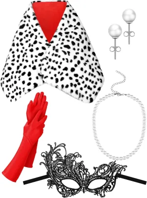 Yaomiao 5 Pcs Halloween Dalmatian Shawl Set Women Faux Stole Accessories Black and White Scarf Dalmatian 1920s Red Gloves Masquerade Mask Pearl Necklace and Stud Earring for Cosplay Party