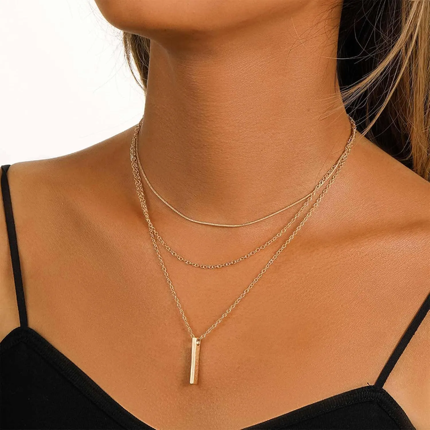 YienDoo Boho Gold Layered Bar Neckalce Vintage Vertical Bar Pendant Necklace Skinny Bar Stacking Necklace Choker Statement Multilayer Bar Choker Necklace Jewelry for Women and Girls