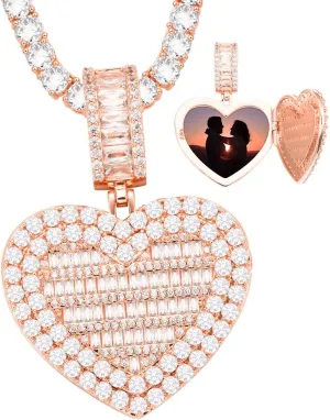 YIMERAIRE Iced Out Heart Shaped Locket Necklace That Holds Picture Custom Photo Pendant with Tennis Chain or Rope Chain Personalized Locket Necklace for Women Men Fashionable Jewelry Memory Gift
