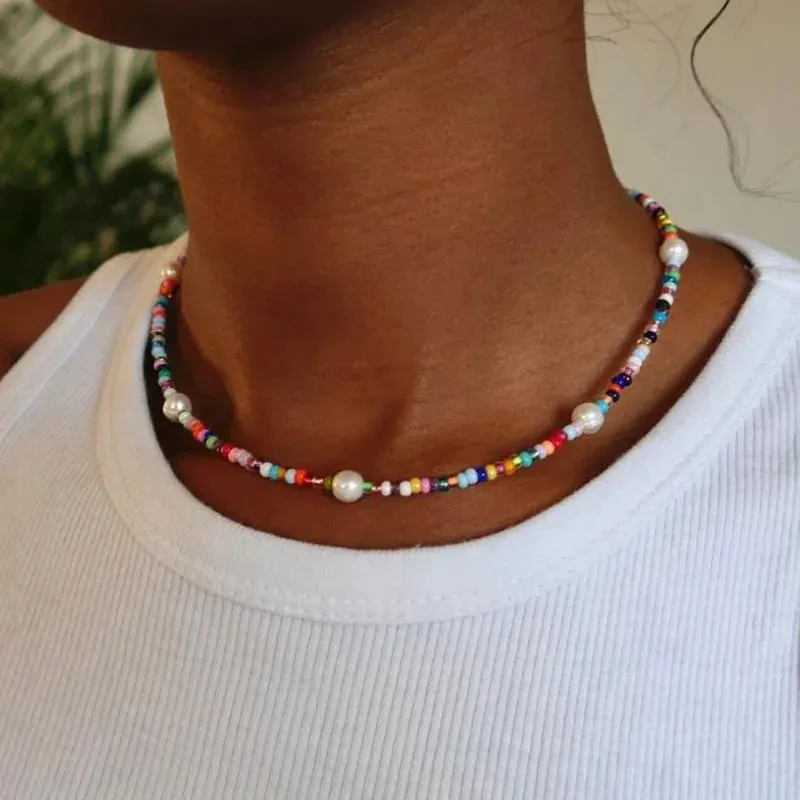 YWZIXLN Bohemian Colorful Beads Chain Necklace With Heart Pendant