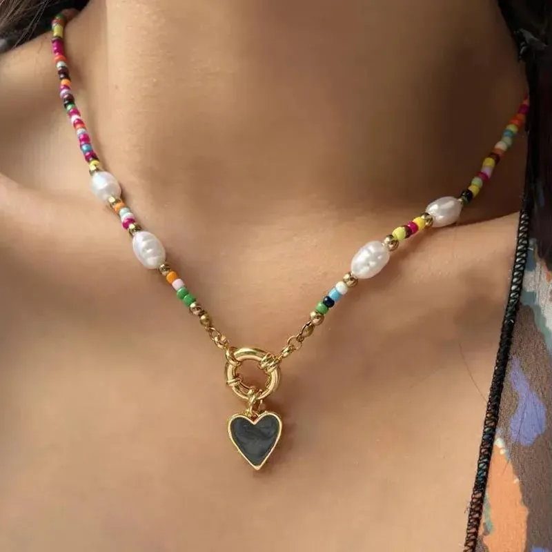 YWZIXLN Bohemian Colorful Beads Chain Necklace With Heart Pendant