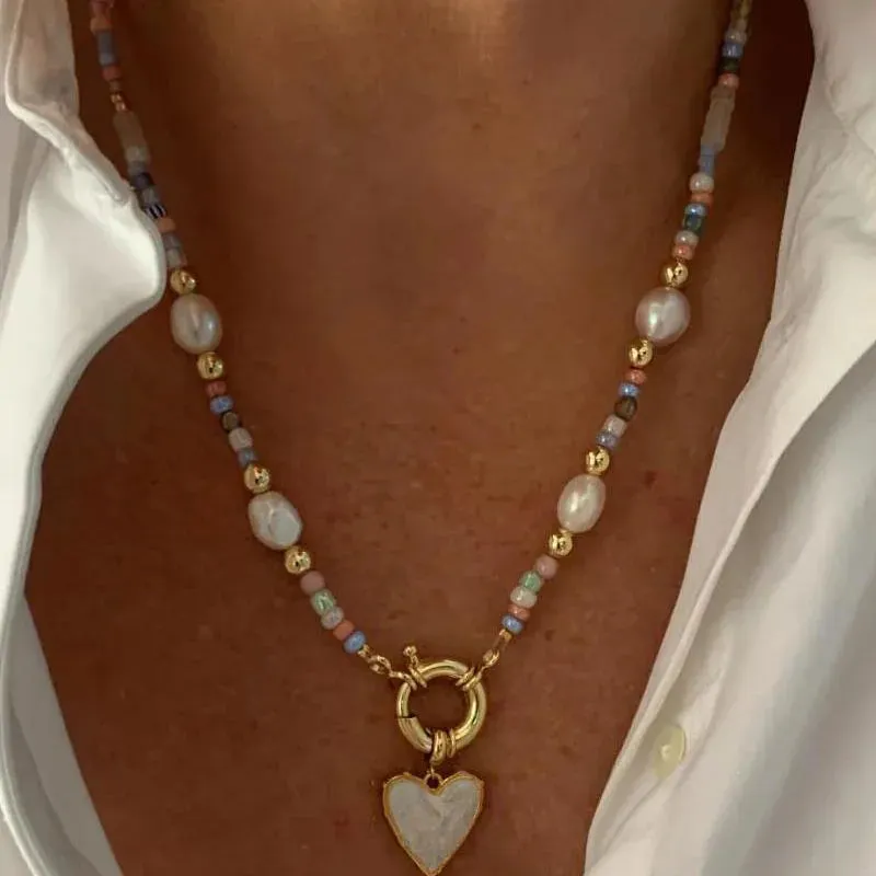 YWZIXLN Bohemian Colorful Beads Chain Necklace With Heart Pendant