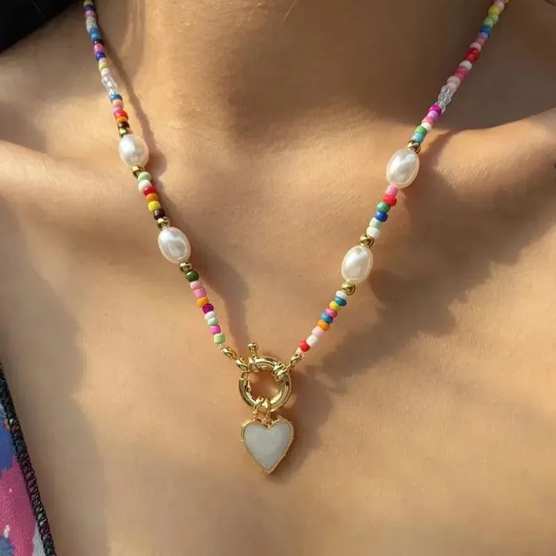 YWZIXLN Bohemian Colorful Beads Chain Necklace With Heart Pendant