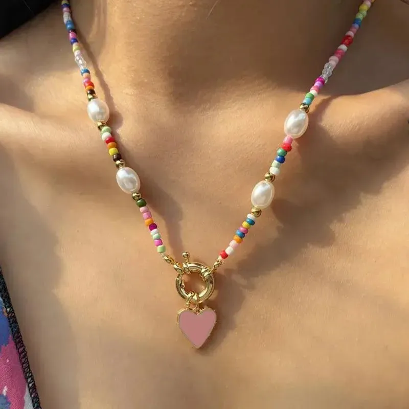 YWZIXLN Bohemian Colorful Beads Chain Necklace With Heart Pendant