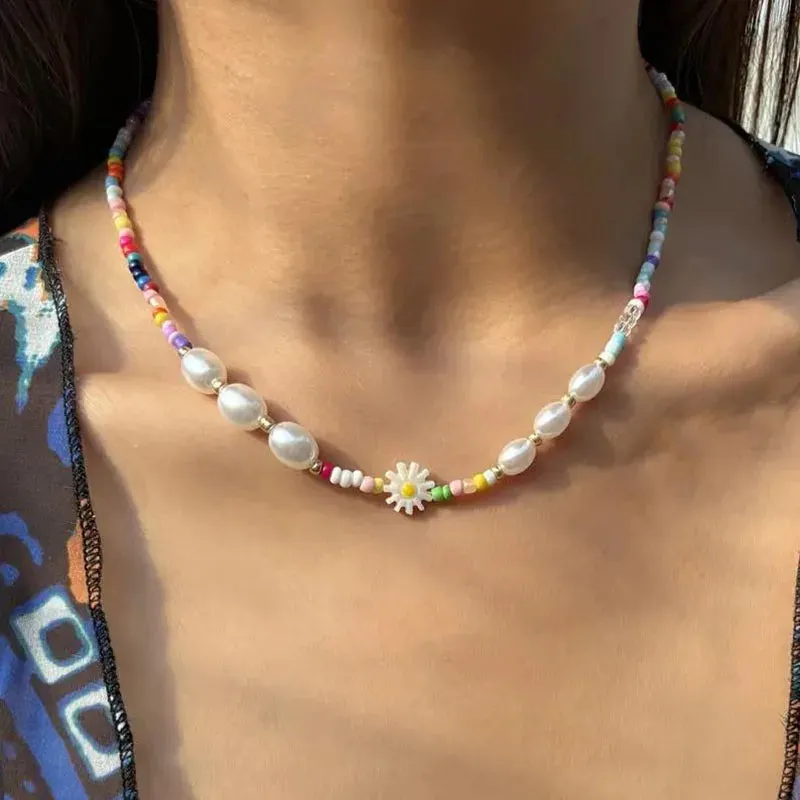 YWZIXLN Bohemian Colorful Beads Chain Necklace With Heart Pendant