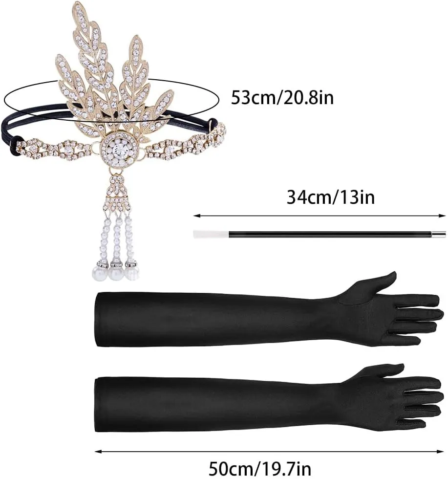 Zcargel 4PCS 1920s Vintage Gatsby Long Gloves Headband Set Cigarette Holder Opera Pearl Necklace Head Accessory