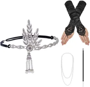 Zcargel 4PCS 1920s Vintage Gatsby Long Gloves Headband Set Cigarette Holder Opera Pearl Necklace Head Accessory