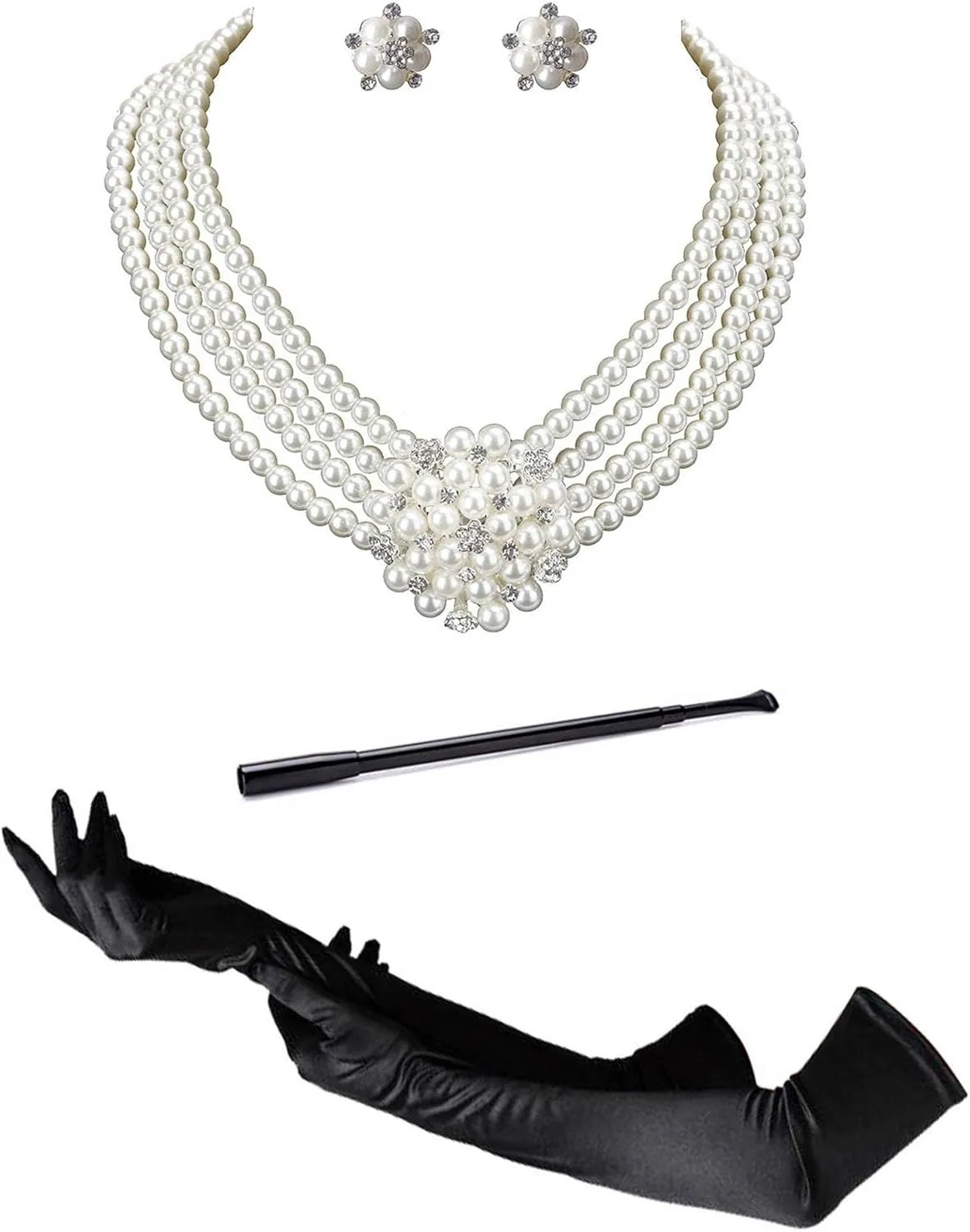 Zivyes Audrey Hepburn Holly Golightly Breakfast at Tiffanys Costume Accessory Necklace Gloves Holder