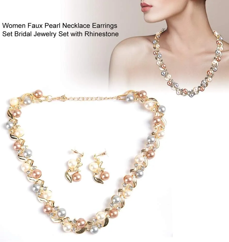 ZJchao 3pcs Fashion Jewelry Set, Pearl Crystal Fashion Eyes Drop Earrings Necklace for Dating, Party, Fashion Show(Gold)