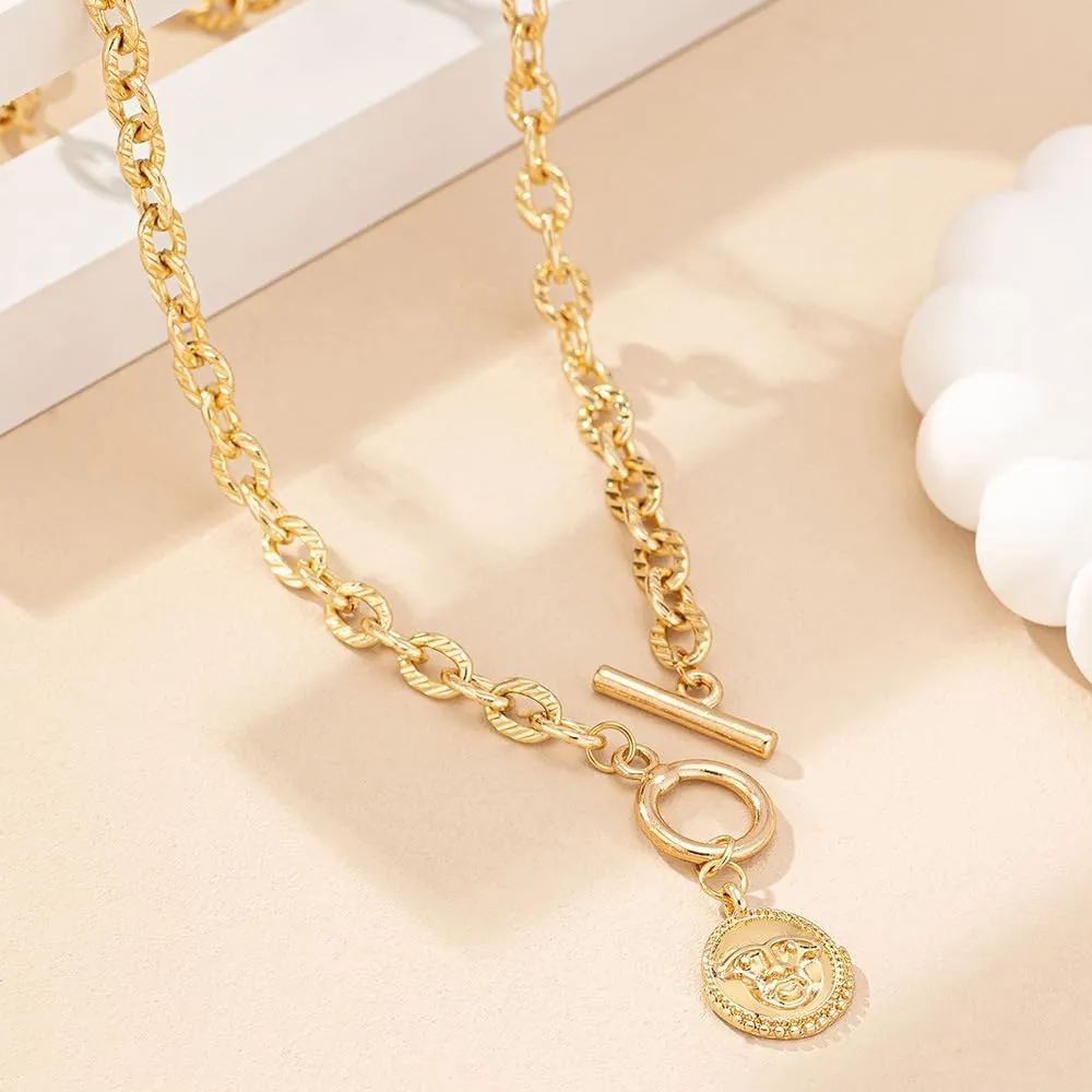 ZMANYIJEW Chunky Gold Necklace for Women 14K Gold Plated Coin Toggle Clasp Necklaces Trendy Choker Coin Round Key Lock OT Link Chain Gold Necklaces for Women
