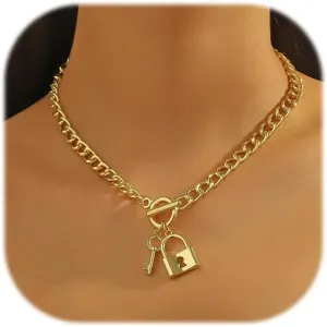 ZMANYIJEW Chunky Gold Necklace for Women 14K Gold Plated Coin Toggle Clasp Necklaces Trendy Choker Coin Round Key Lock OT Link Chain Gold Necklaces for Women
