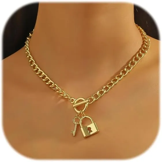 ZMANYIJEW Chunky Gold Necklace for Women 14K Gold Plated Coin Toggle Clasp Necklaces Trendy Choker Coin Round Key Lock OT Link Chain Gold Necklaces for Women