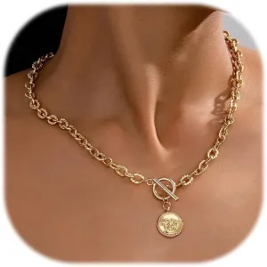 ZMANYIJEW Chunky Gold Necklace for Women 14K Gold Plated Coin Toggle Clasp Necklaces Trendy Choker Coin Round Key Lock OT Link Chain Gold Necklaces for Women
