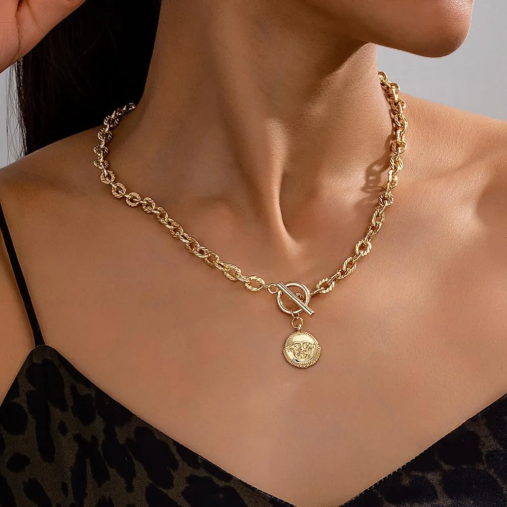 ZMANYIJEW Chunky Gold Necklace for Women 14K Gold Plated Coin Toggle Clasp Necklaces Trendy Choker Coin Round Key Lock OT Link Chain Gold Necklaces for Women