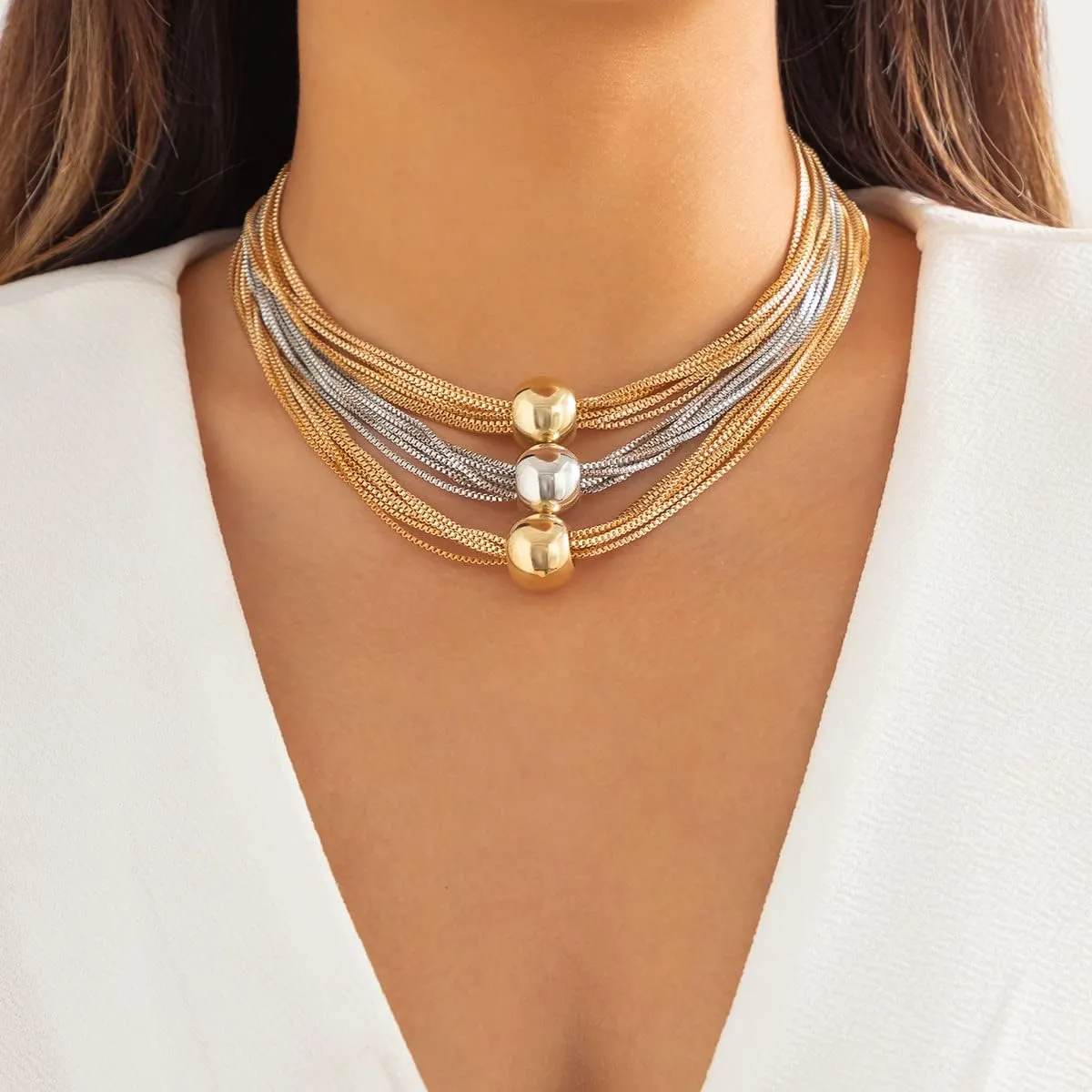 ZMANYIJEW Chunky Gold Silver Choker Necklace for Women Fashion Thick Snake Bone Chain Gold Thick Twisted Necklace Layered Geometric Sphere Gold Necklaces for Women Trendy
